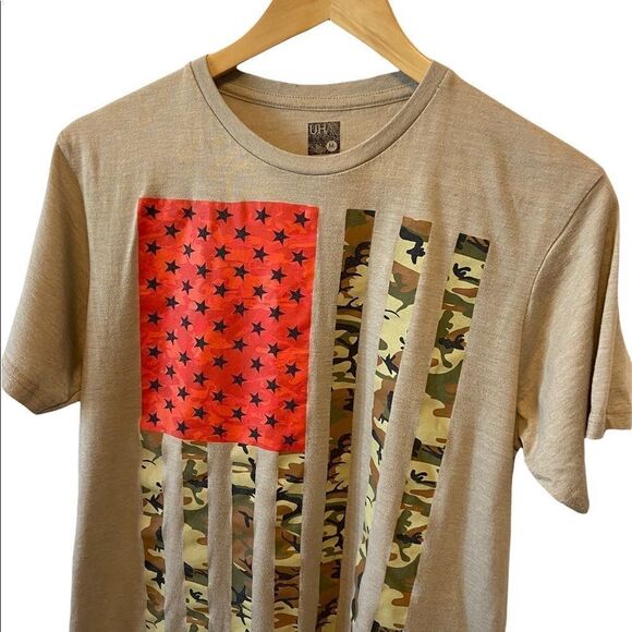 Tan Flag Graphic Short Sleeve Cotton Loose Fit Casual Tee Shirt Top M - Picture 2 of 7